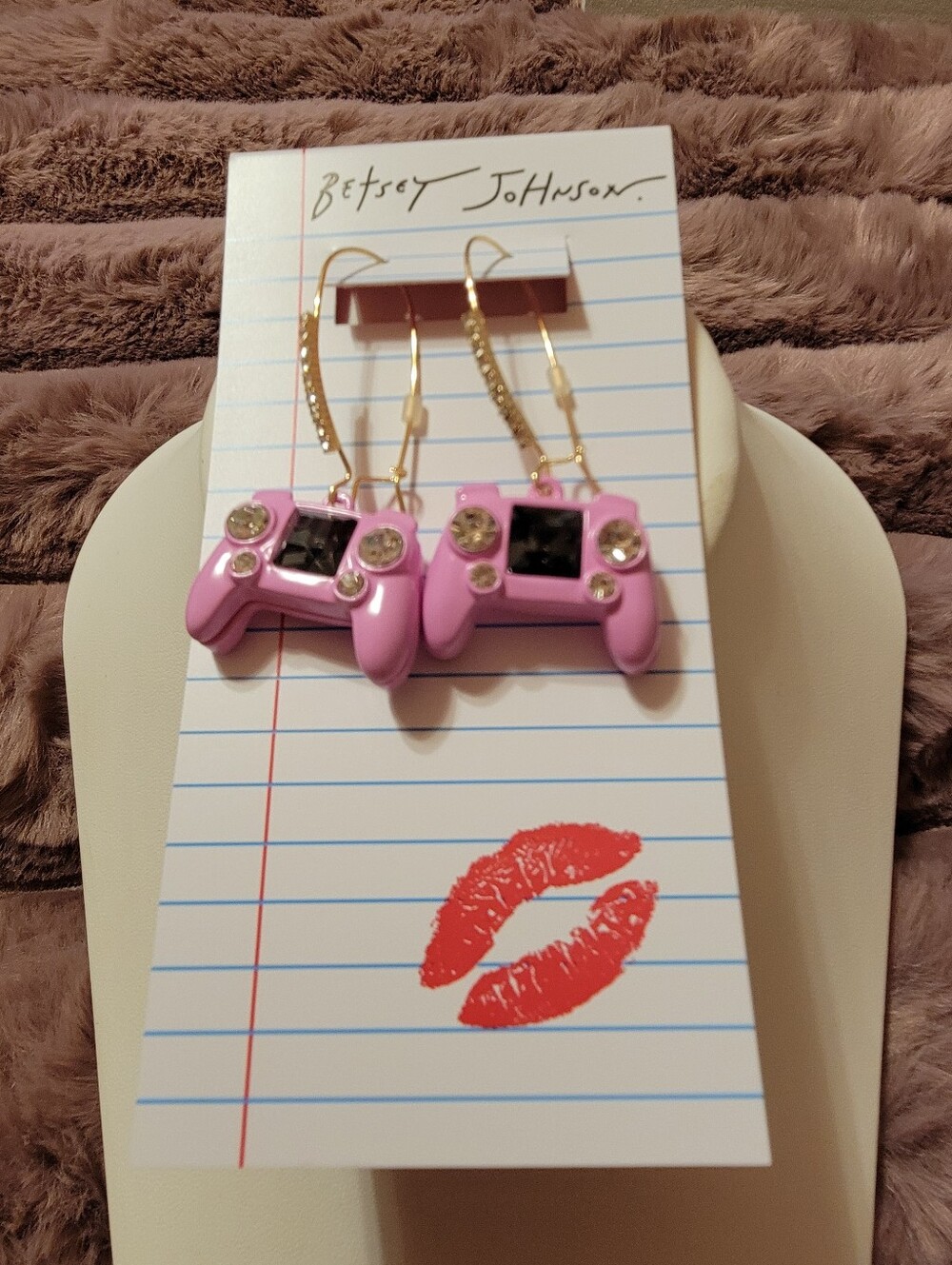Betsey Johnson Pink Game Controller Dangle Earrings with Gold Accents